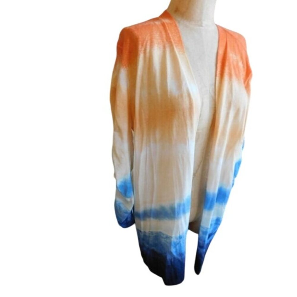 Chico's Size XL (3) Boho Tye dye ruched 3/4 sleeve knit Cardigan Top NWT $109 - Picture 2 of 3
